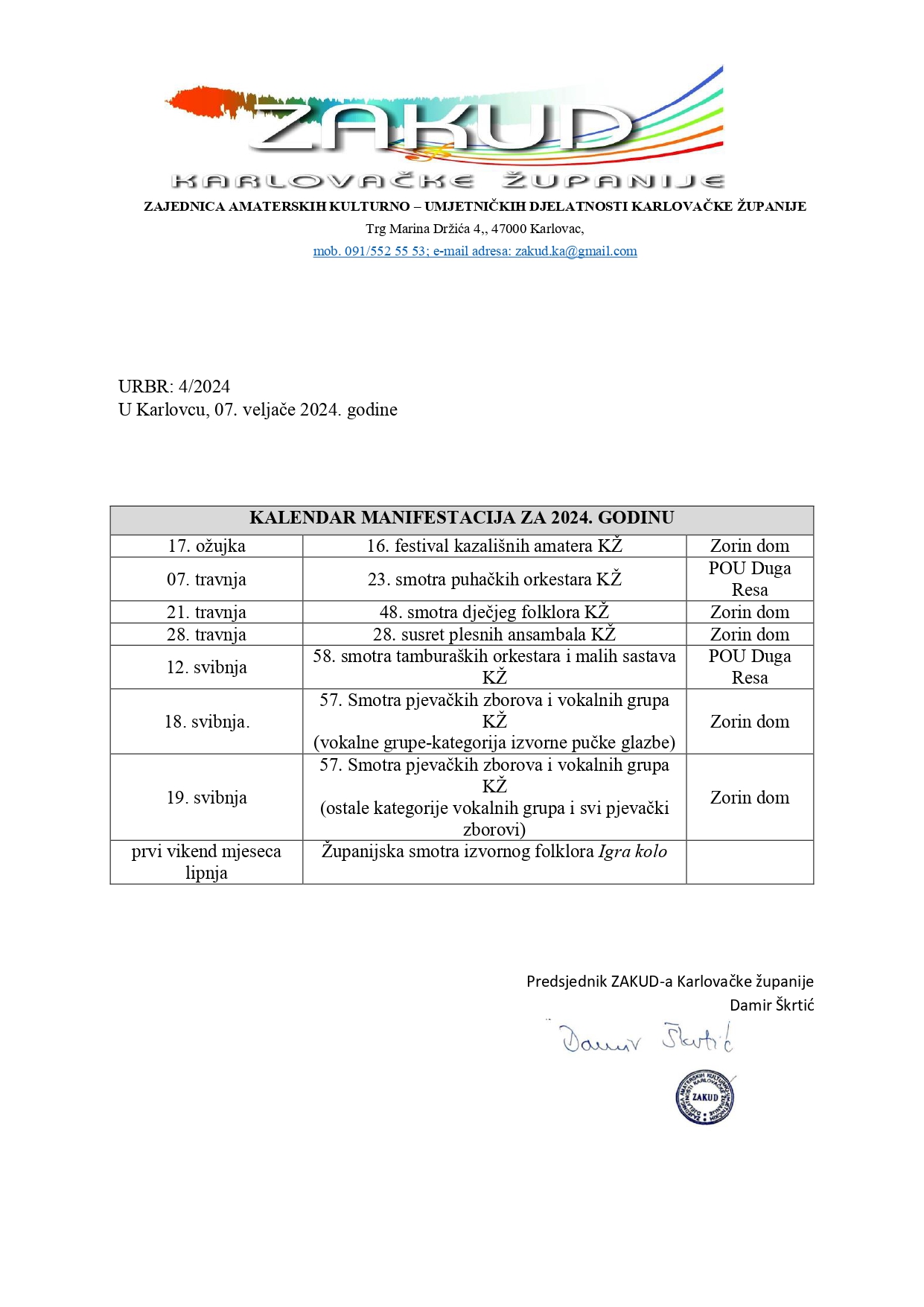KALENDAR ŽUPANIJSKIH SMOTRI ZA 2024. GODINU