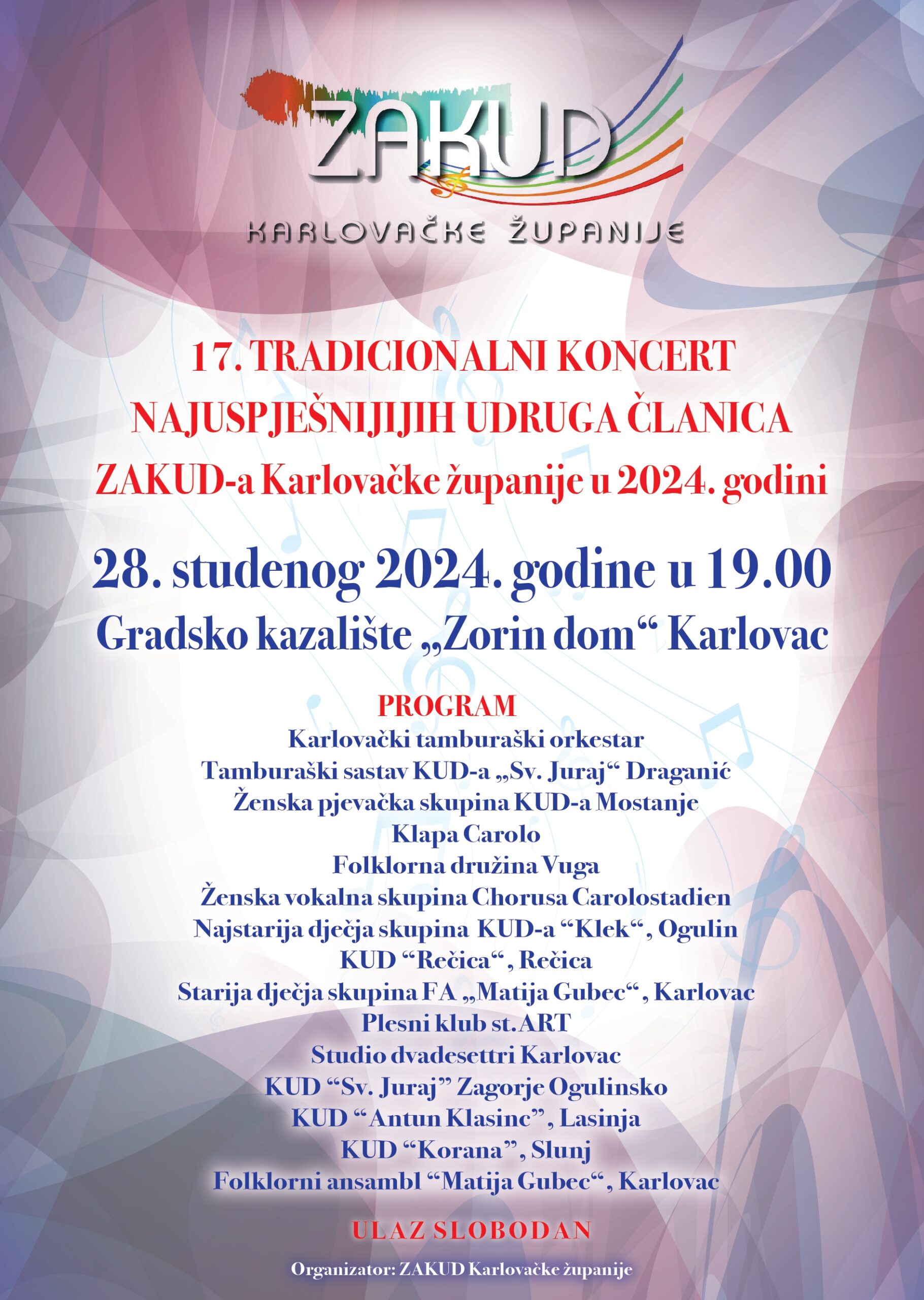 17. TRADICIONALNI KONCERT NAJUSPJEŠNIJIH UDRUGA ČLANICA ZAKUD-a Karlovačke županije u 2024. godini